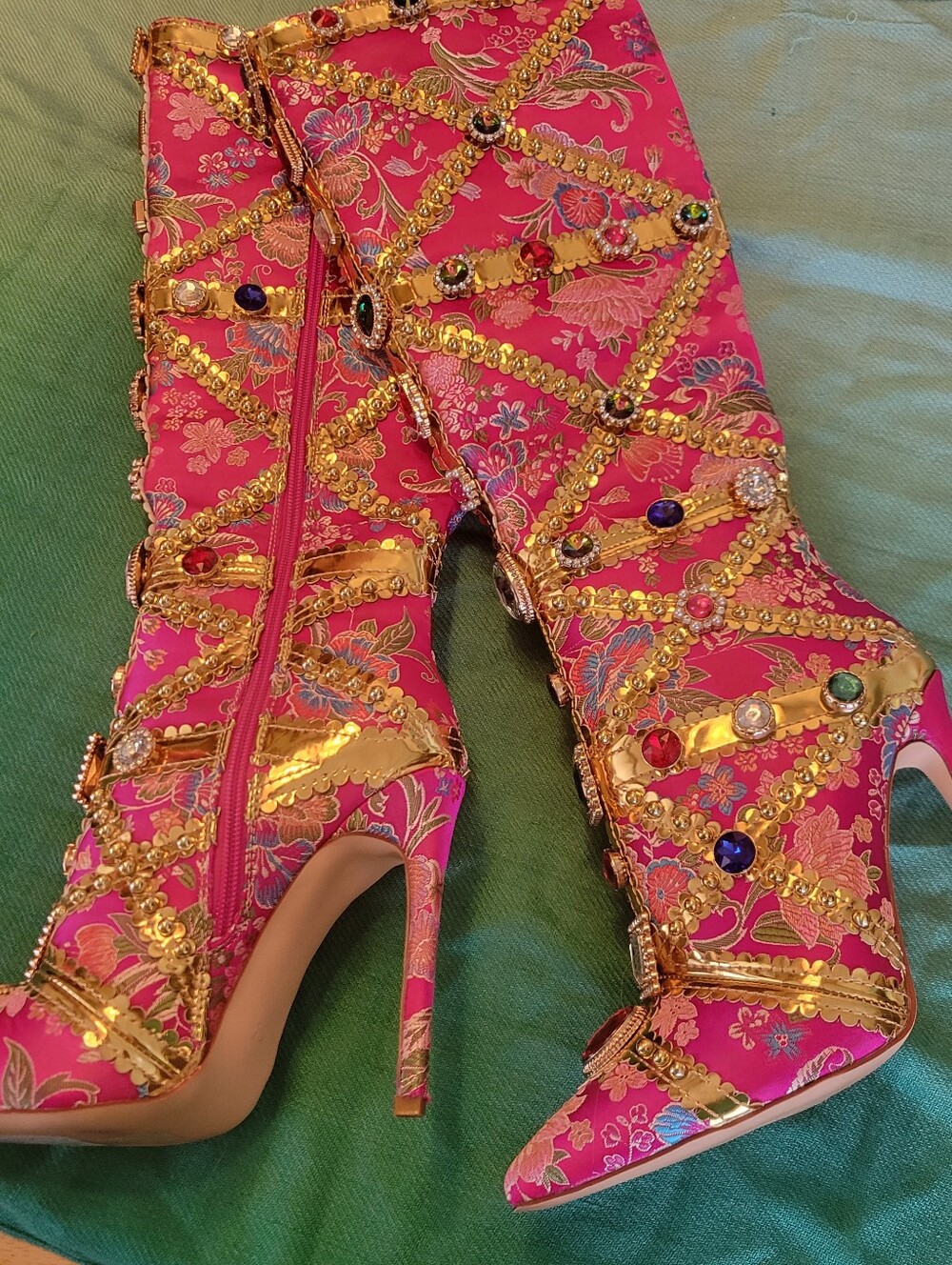 Azelia Wang Pink Rhinestone Embellished, Knee-High Heeled Boots